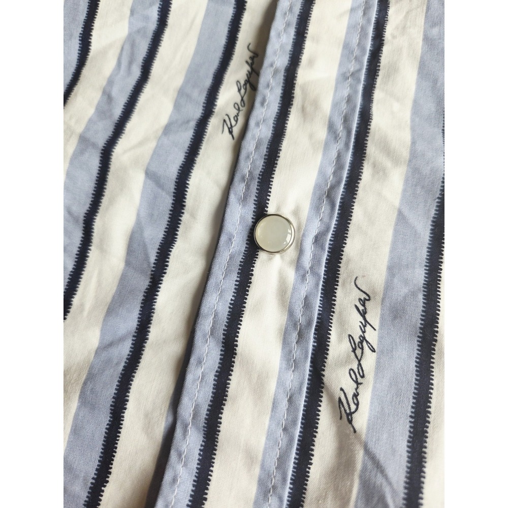 Karl Lagerfeld Paris Medium Pearl Snap Shirt‎ Blue White Striped Short Sleeve - Picture 4 of 7